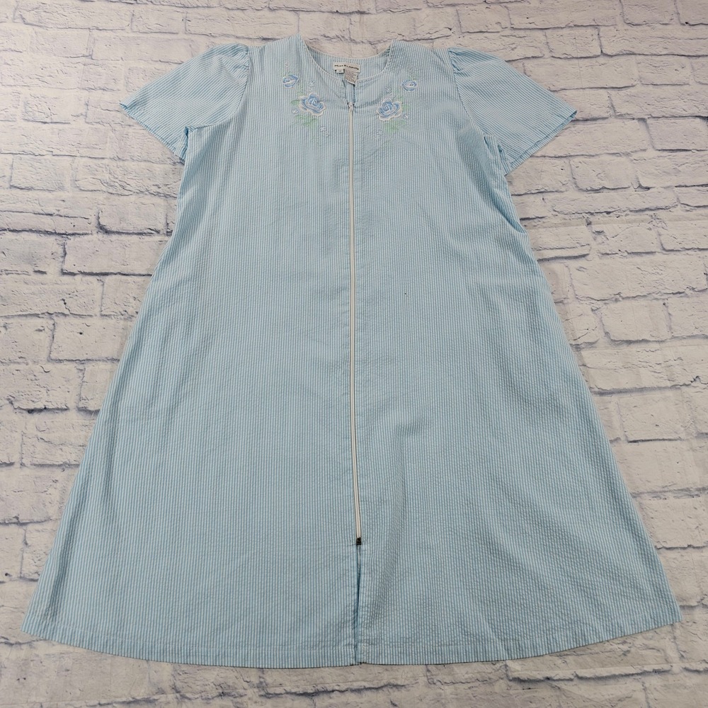 Miss Elaine House Dress Womens Medium Blue Striped Seersucker Floral Zip Duster